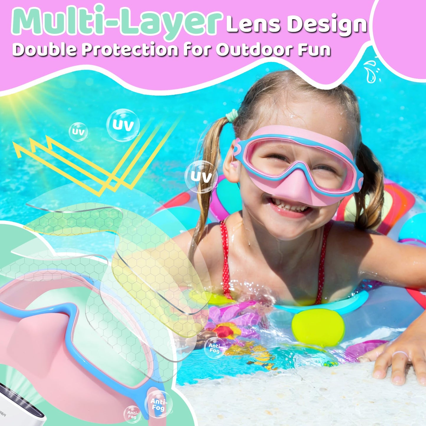 Vvinca Kids Swim Goggles 2 Pack with Nose Cover and Attached Earplugs, Wide View Anti-Fog/UV Swimming Goggles for Age 3-12 Boys Girls, No Leak Pool Water Clear Swimming Goggle for Youth Toddler