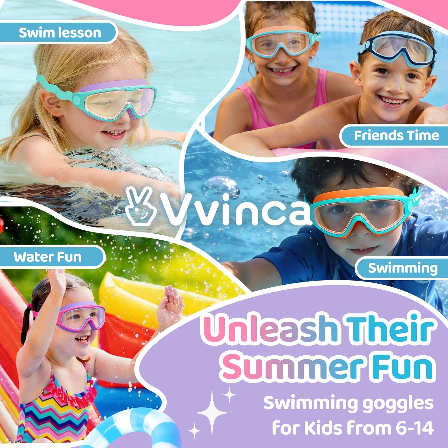Vvinca Kids Swim Goggles for Boys Girls Age 3-15, Soft Wave-Shape Strap (No Hair Pulling), 180° Wide View Anti Fog/UV Waterproof Swimming Goggles, Leak Free Silicone Pool Goggle for Toddler Youth