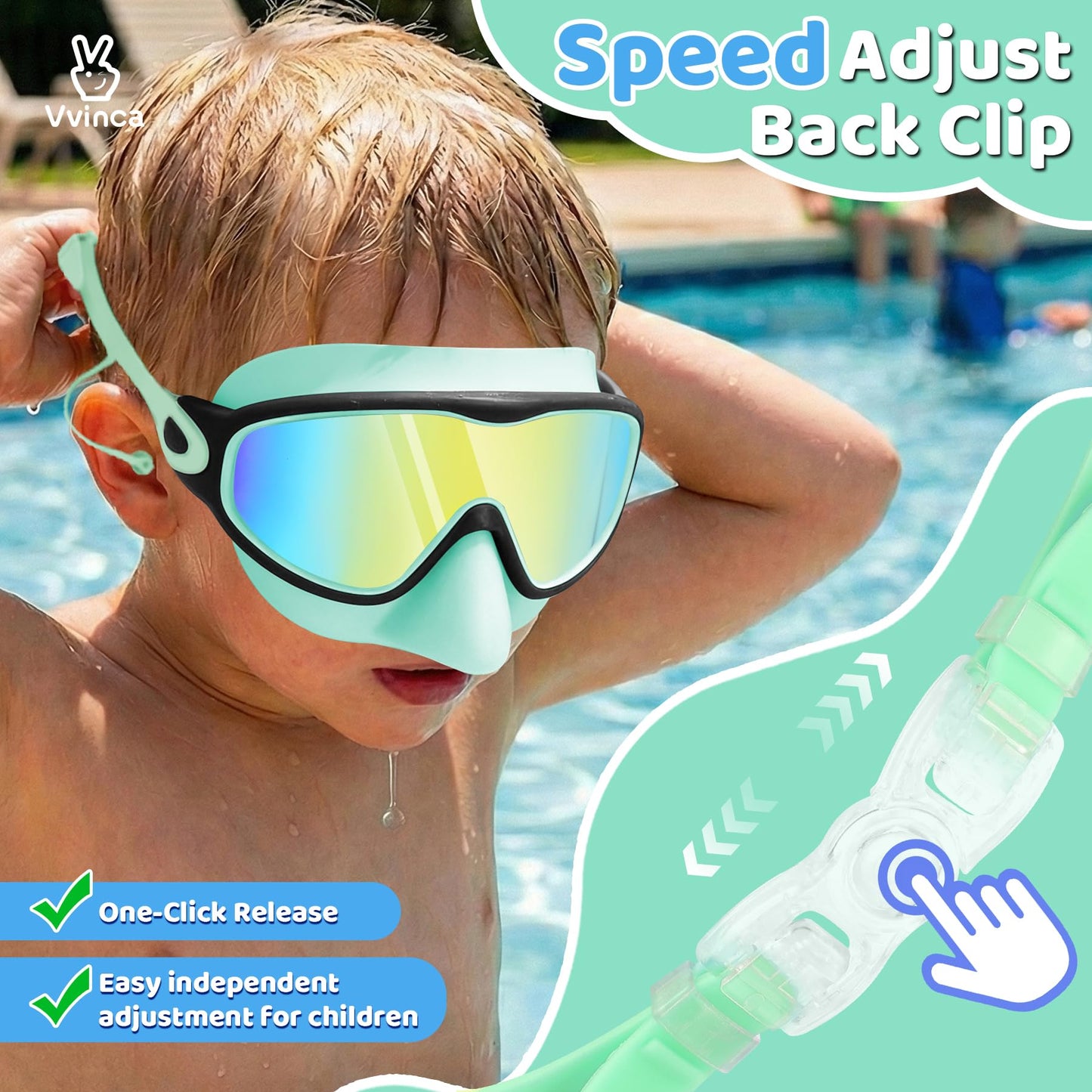 Vvinca Kids Swim Goggles 2 Pack with Nose Cover and Attached Earplugs, Wide View Anti-Fog/UV Swimming Goggles for Age 3-12 Boys Girls, No Leak Pool Water Clear Swimming Goggle for Youth Toddler