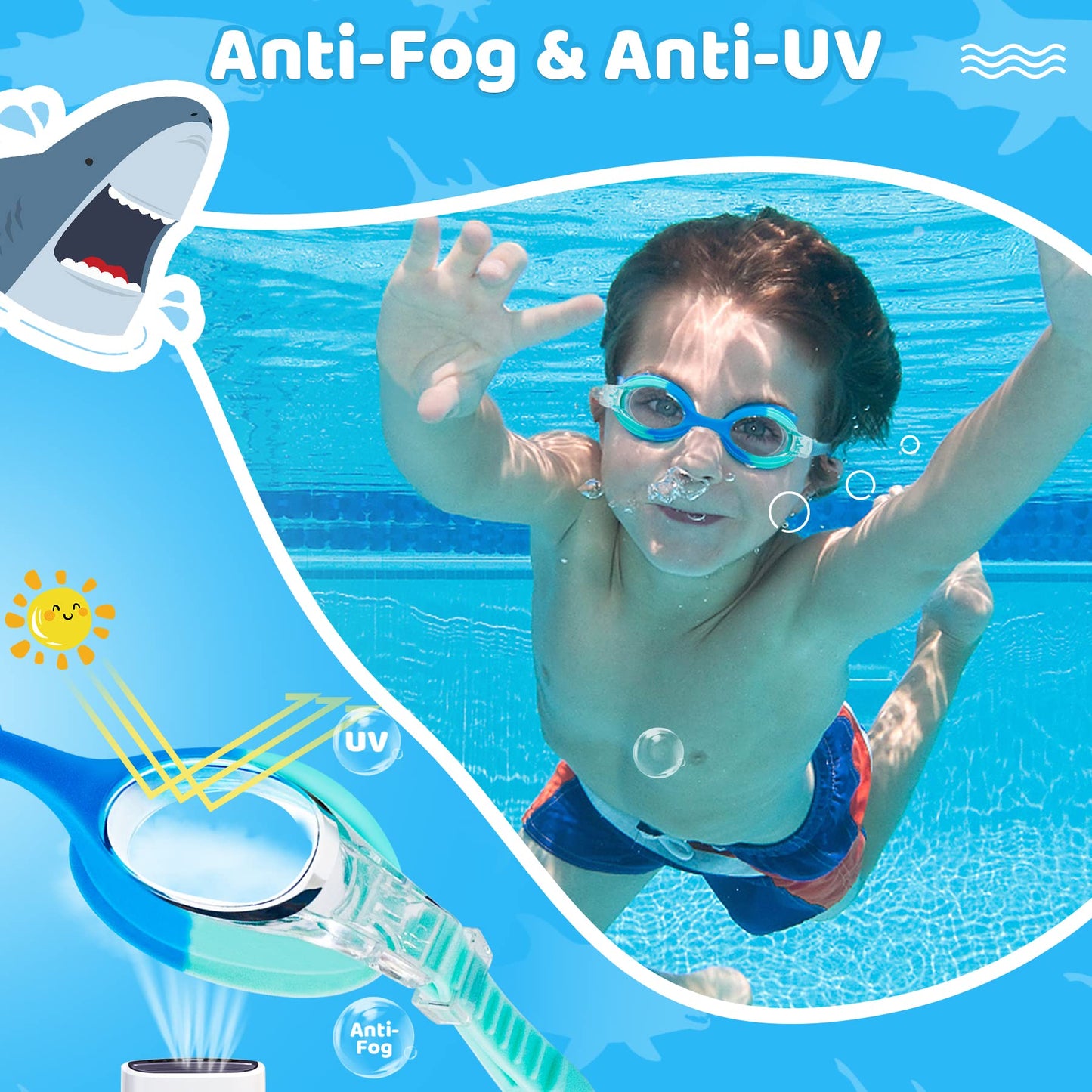 Vvinca Kids Swim Goggles for Ages 2–8, Fabric Strap No Hair Pulling, Anti-Fog & Leak-Resistant for Pool & Swim Lessons
