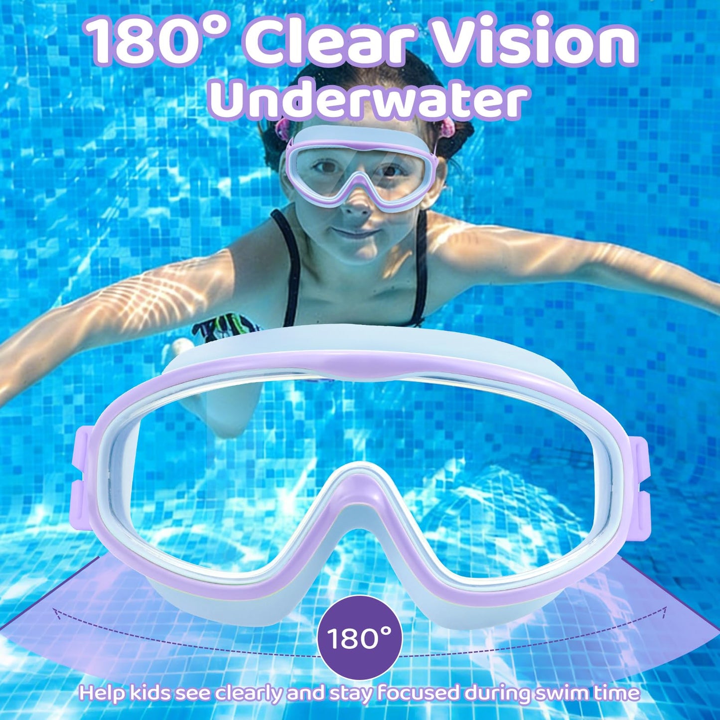Vvinca Kids Swim Goggles with Comfort Fabric Strap 2 Pack, Wide View Anti-Fog/UV No Leak Swimming Goggles for Kids 3-14 Boys Girls Toddler
