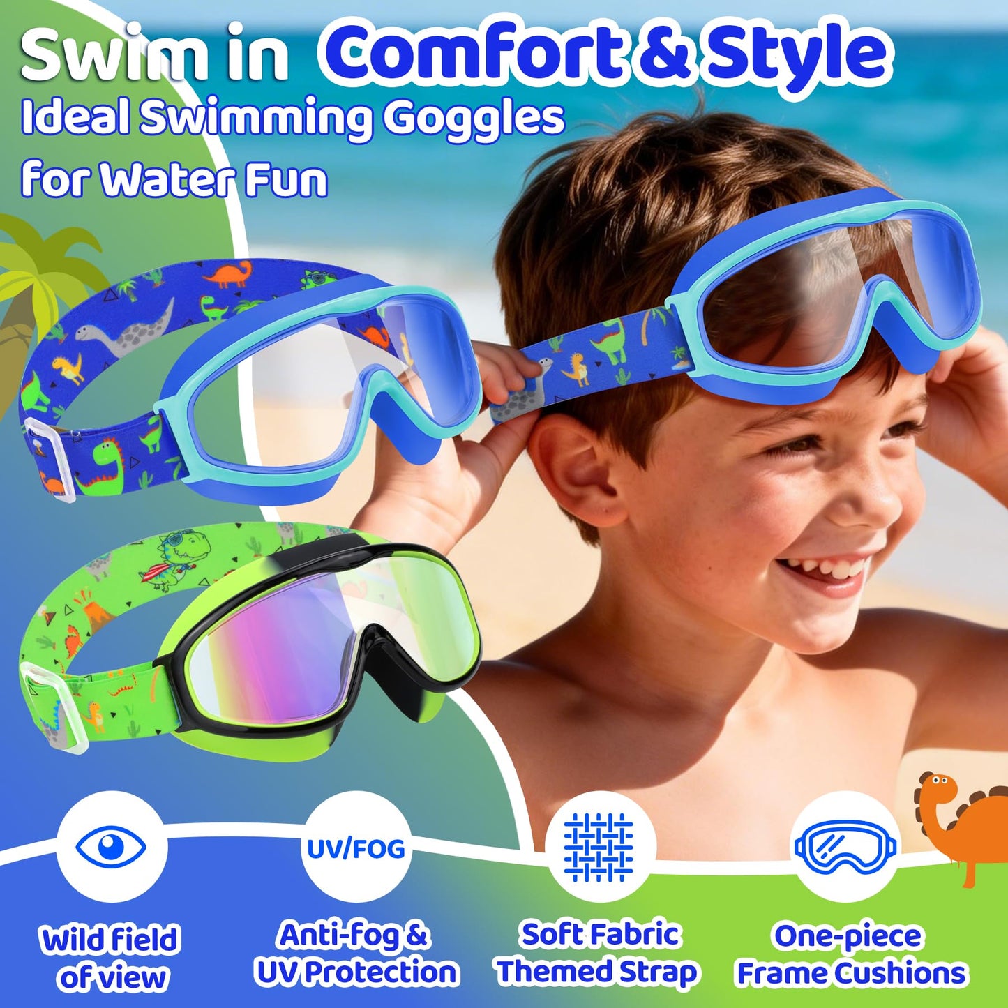Vvinca Kids Swim Goggles 2 Pack, Cartoon Fabric Strap No Hair Pulling Swimming Goggles for Boys Girls 3-12, Anti-Fog Waterproof Wide View Mask, Soft Comfort Fit for Toddler Pool Beach Gift