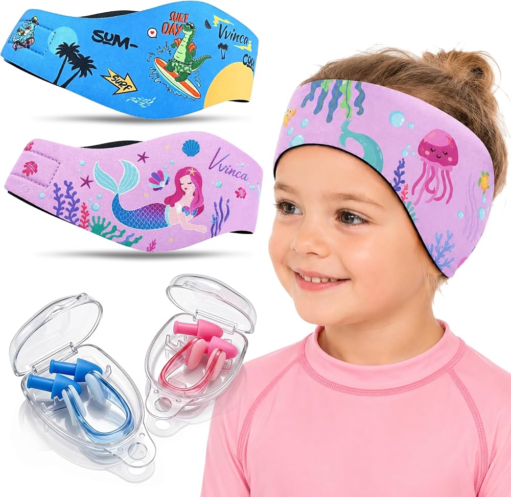 Kids Swimming Headbands — 2 Pack — Blue Dinosaur + Purple Mermaid image 01