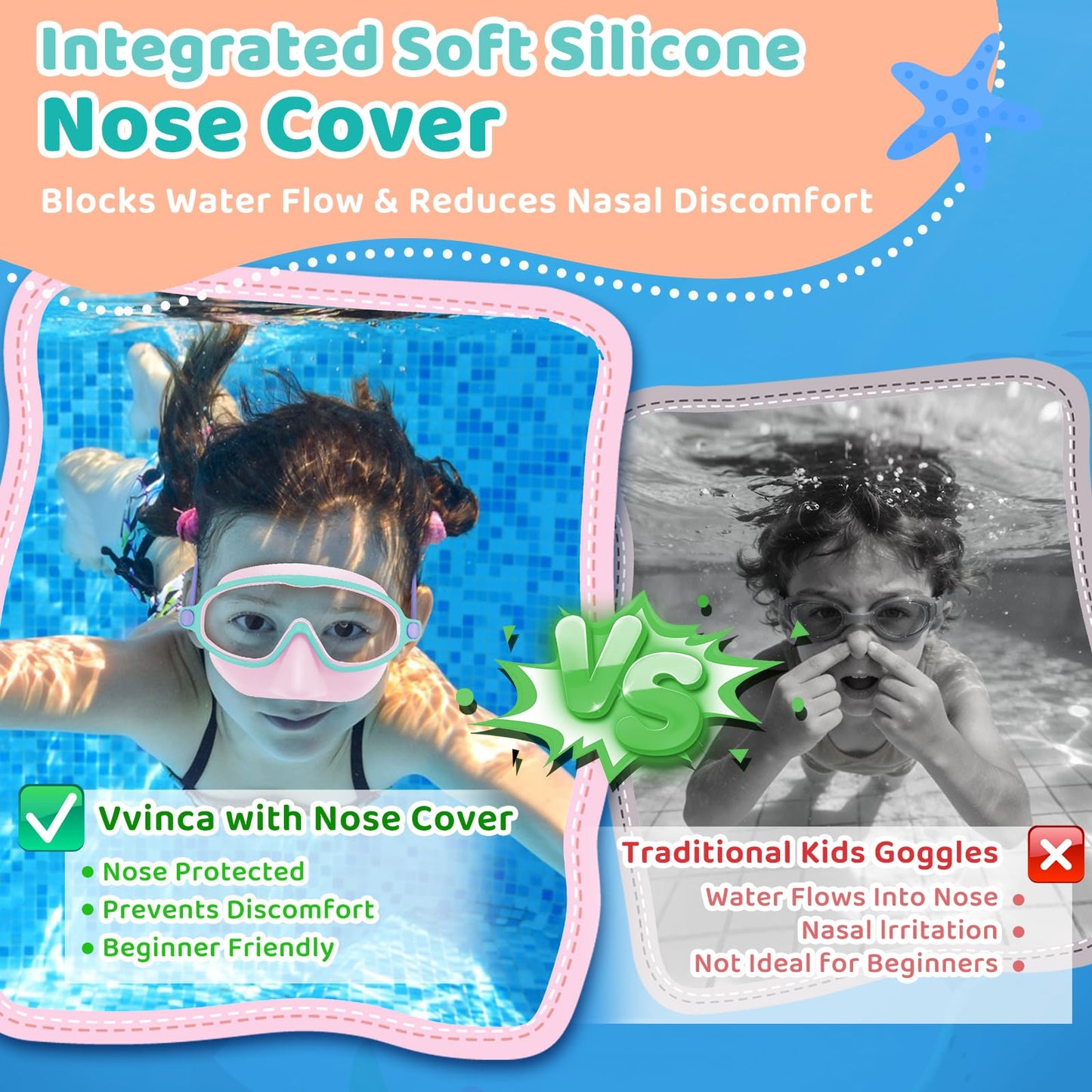 Vvinca 2 Pack Kids Swim Goggles with Nose Cover, Wide View Anti-Fog UV Protection Swimming Mask for Boys Girls Ages 3-14, No Leak Pool Goggles for Toddlers