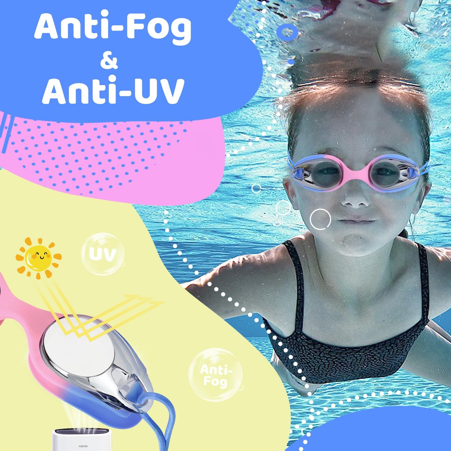 Vvinca Kids Swim Goggles with Bungee Strap No Leaking Anti Fog Toddler Goggles with Quick Adjust Ages 3-14