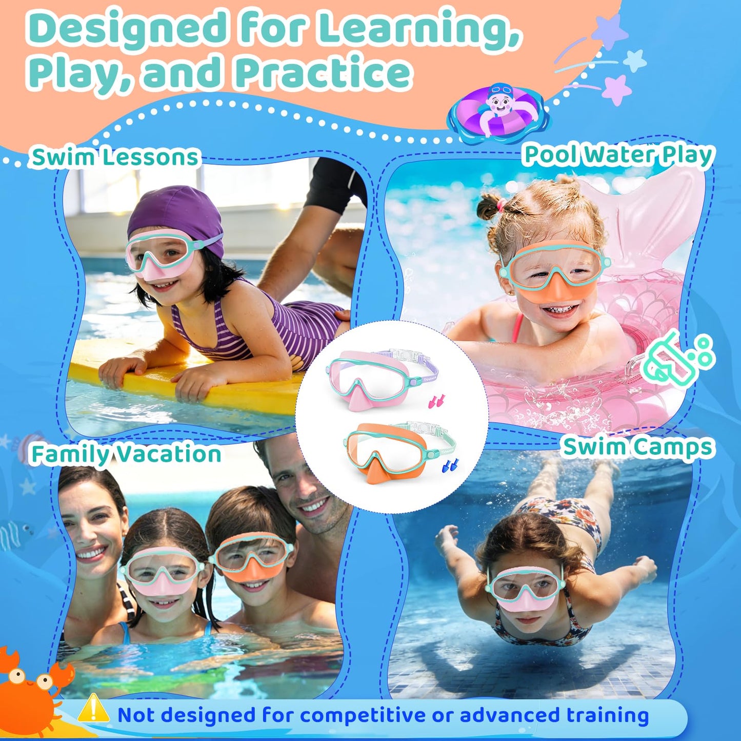 Vvinca 2 Pack Kids Swim Goggles with Nose Cover, Wide View Anti-Fog UV Protection Swimming Mask for Boys Girls Ages 3-14, No Leak Pool Goggles for Toddlers