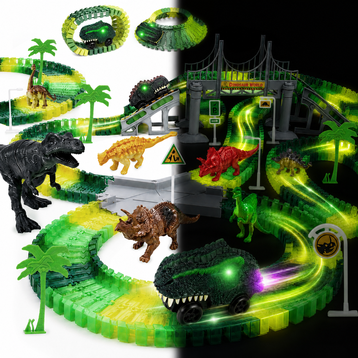 VVINCA 238-piece glow dinosaur race track set with two dinosaur cars and dinosaur figures