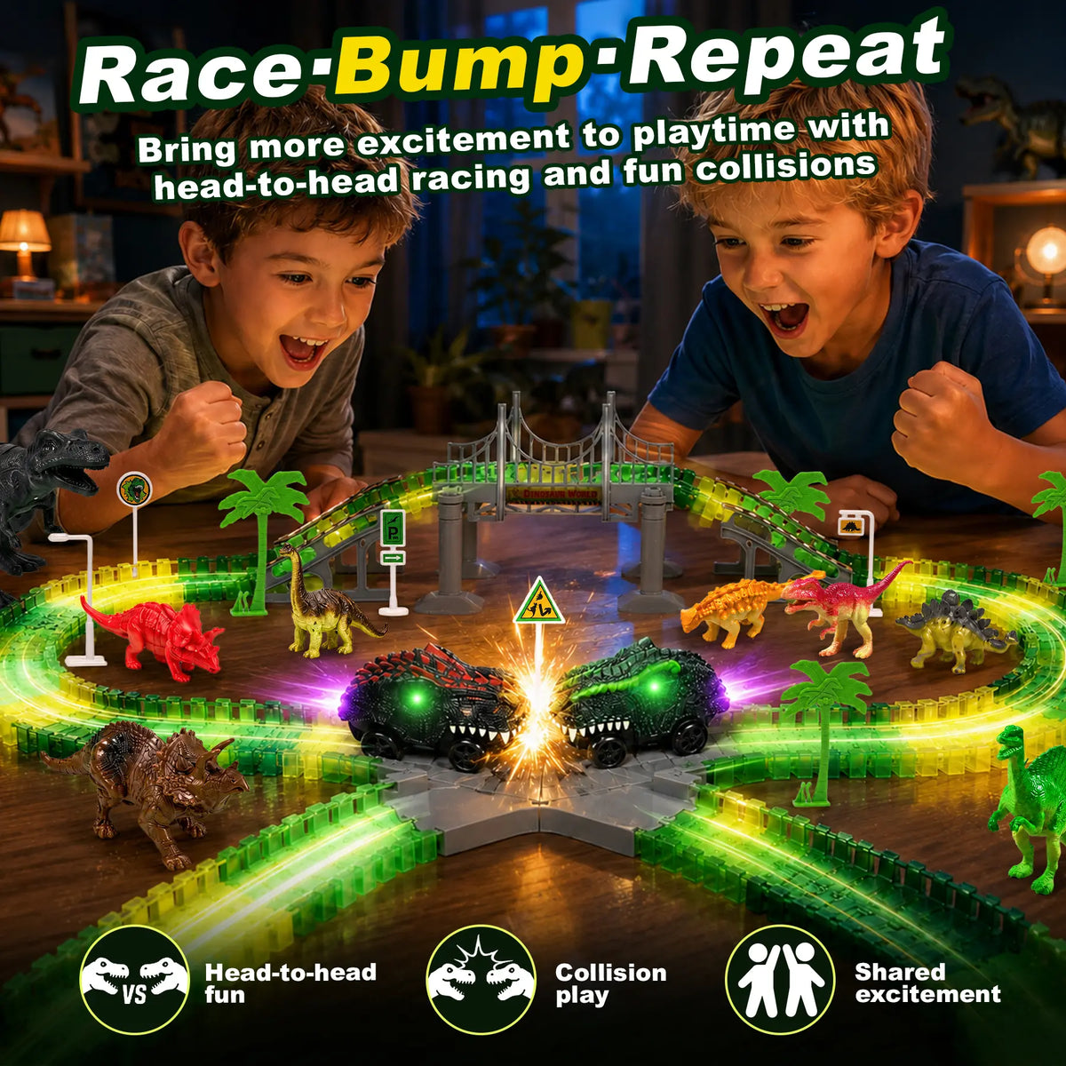 Two-car race, bump, and repeat play feature