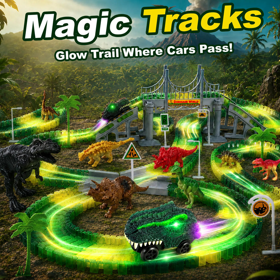 Dinosaur race track glowing as the cars pass