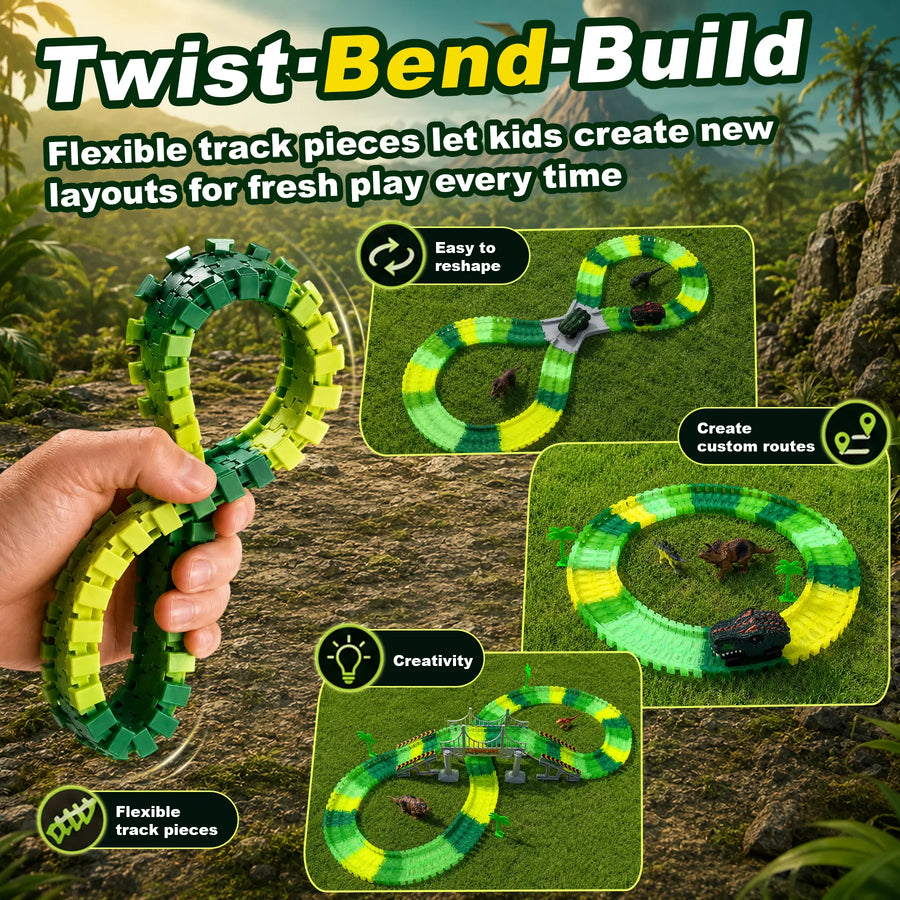 Flexible dinosaur track shown in multiple layouts