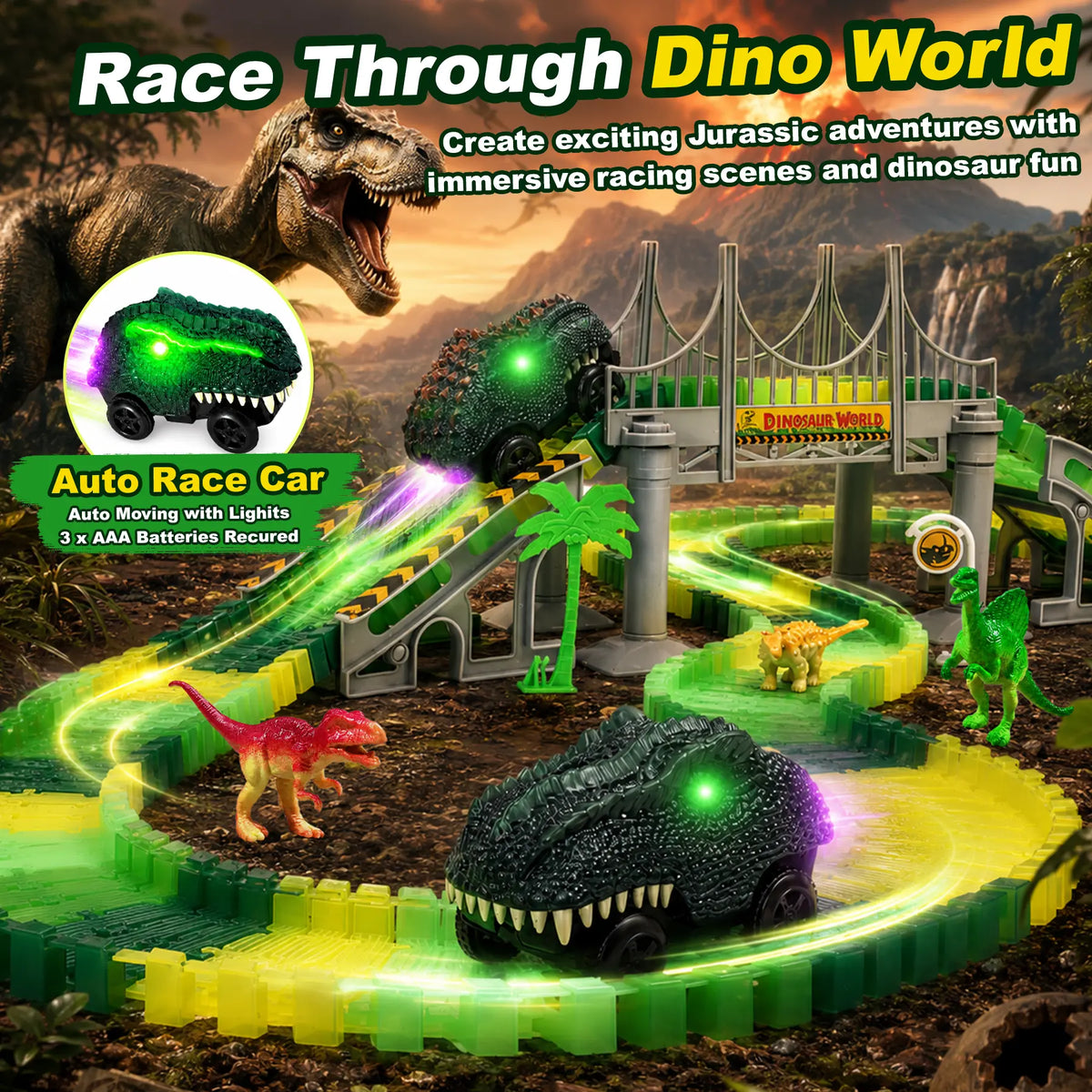 Light-up auto race cars explore a dinosaur world