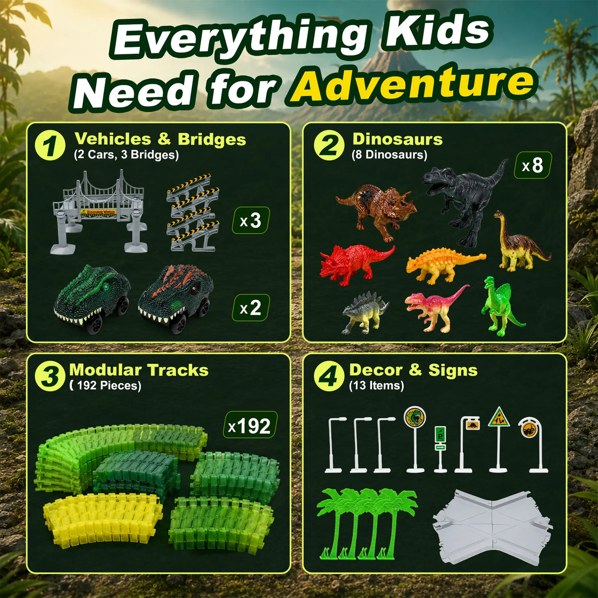 Complete set contents: cars, bridges, dinosaurs, tracks, and signs