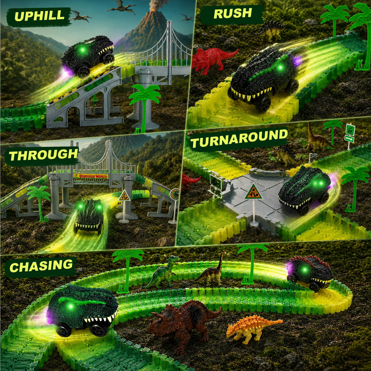 Multiple racing layouts including uphill, chase, and turnaround