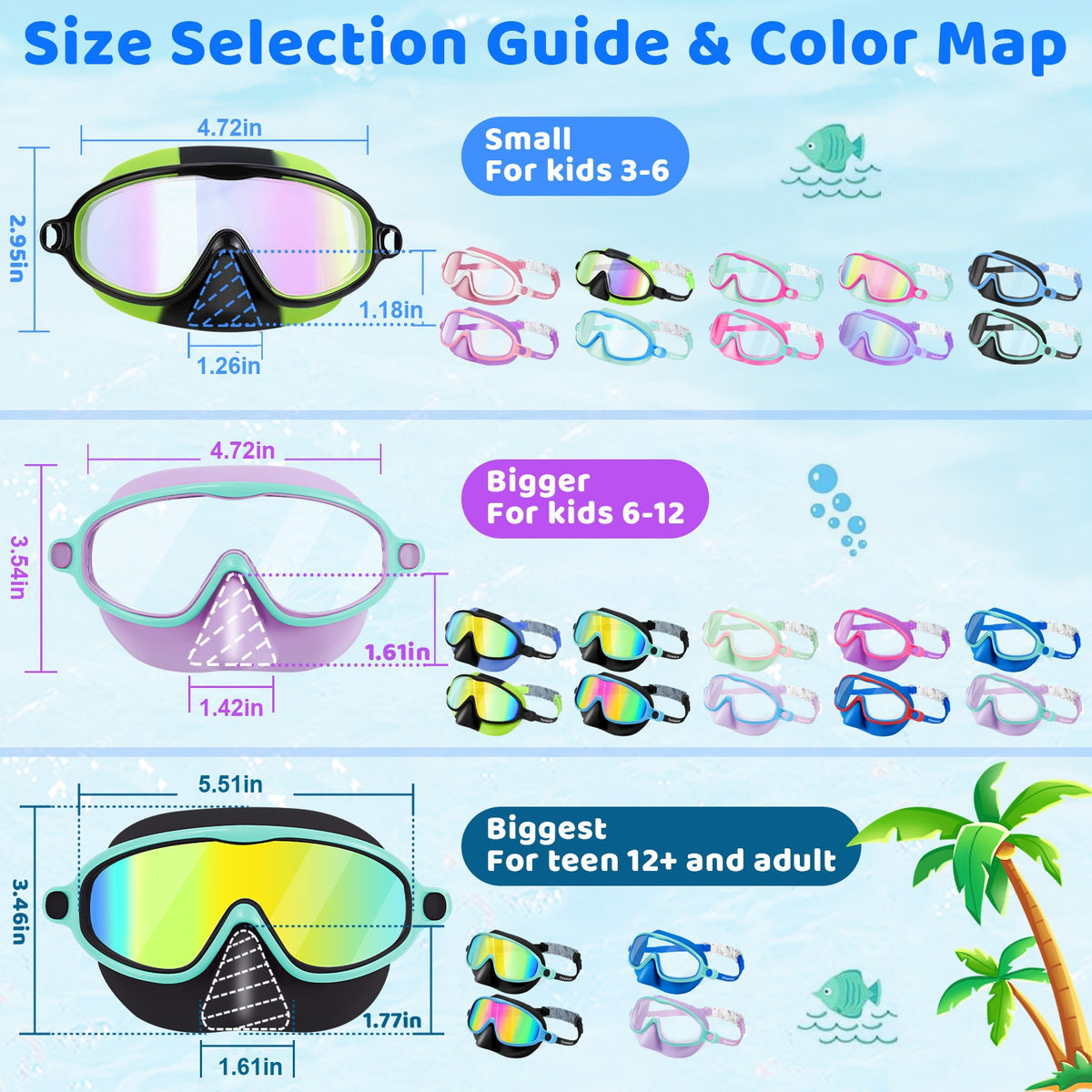 Kids Nose-Cover Goggles size guide — ages 3–6, 6–12 and 12+