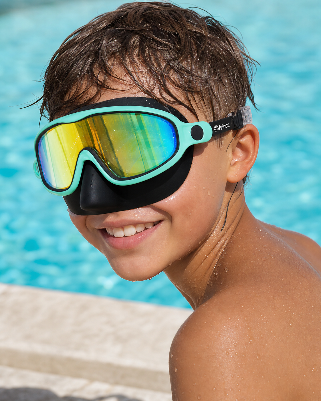 Child wearing Vvinca nose-cover swim goggles