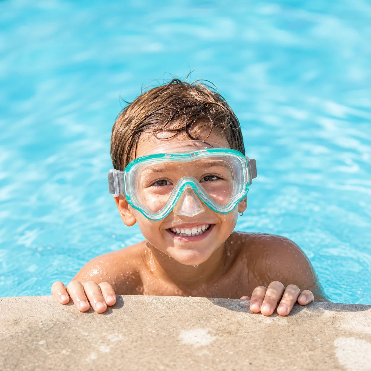 Child at the pool wearing a Vvinca kids dive mask