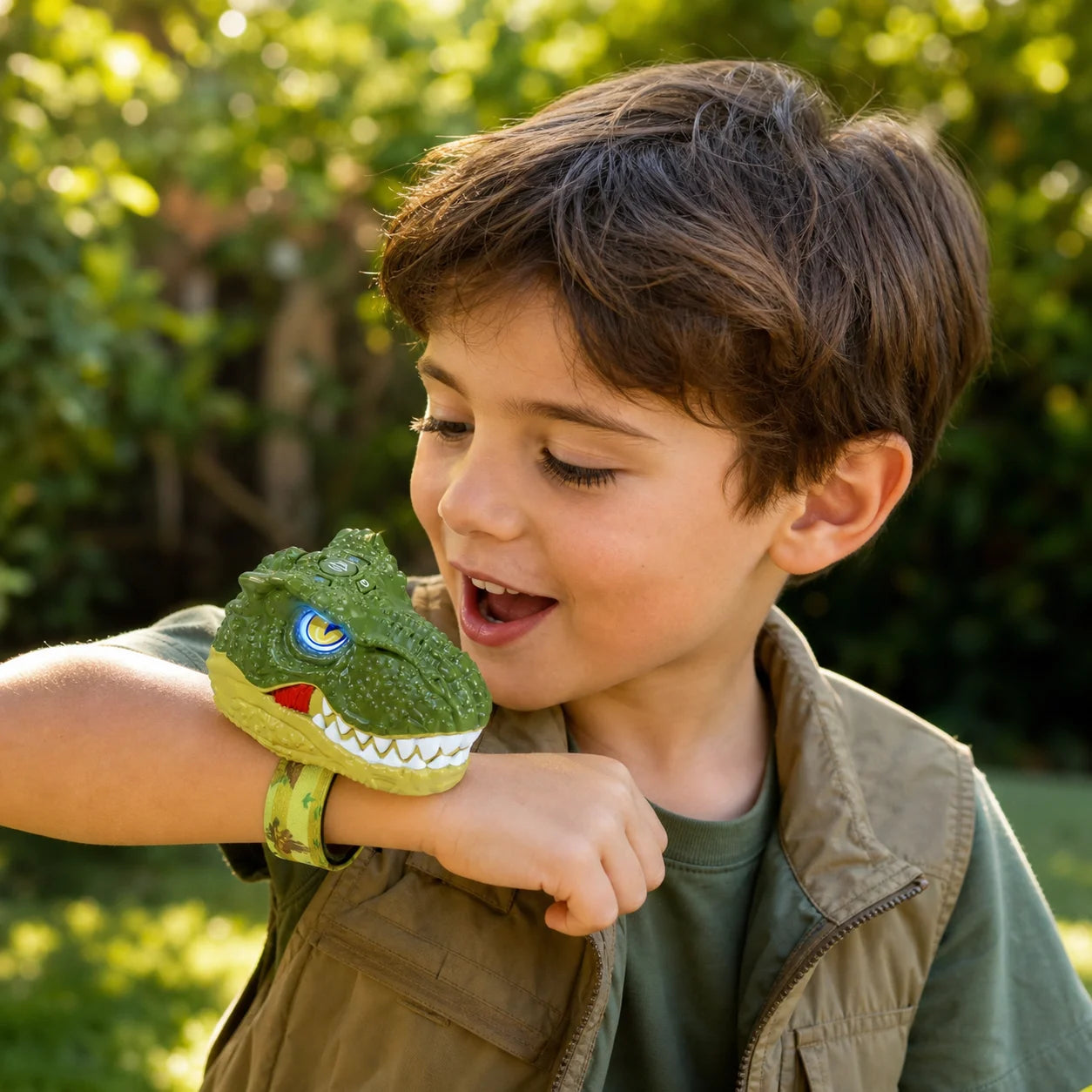 Child using a Vvinca dinosaur wrist walkie-talkie