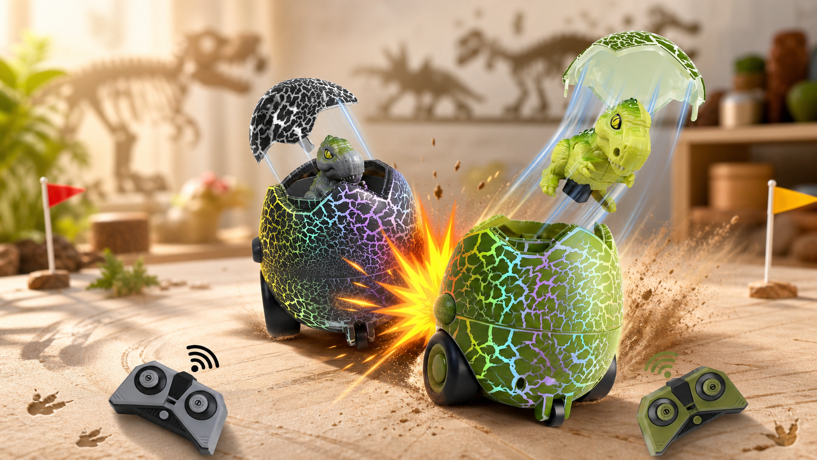 Two remote-control dinosaur eggs battle head-to-head