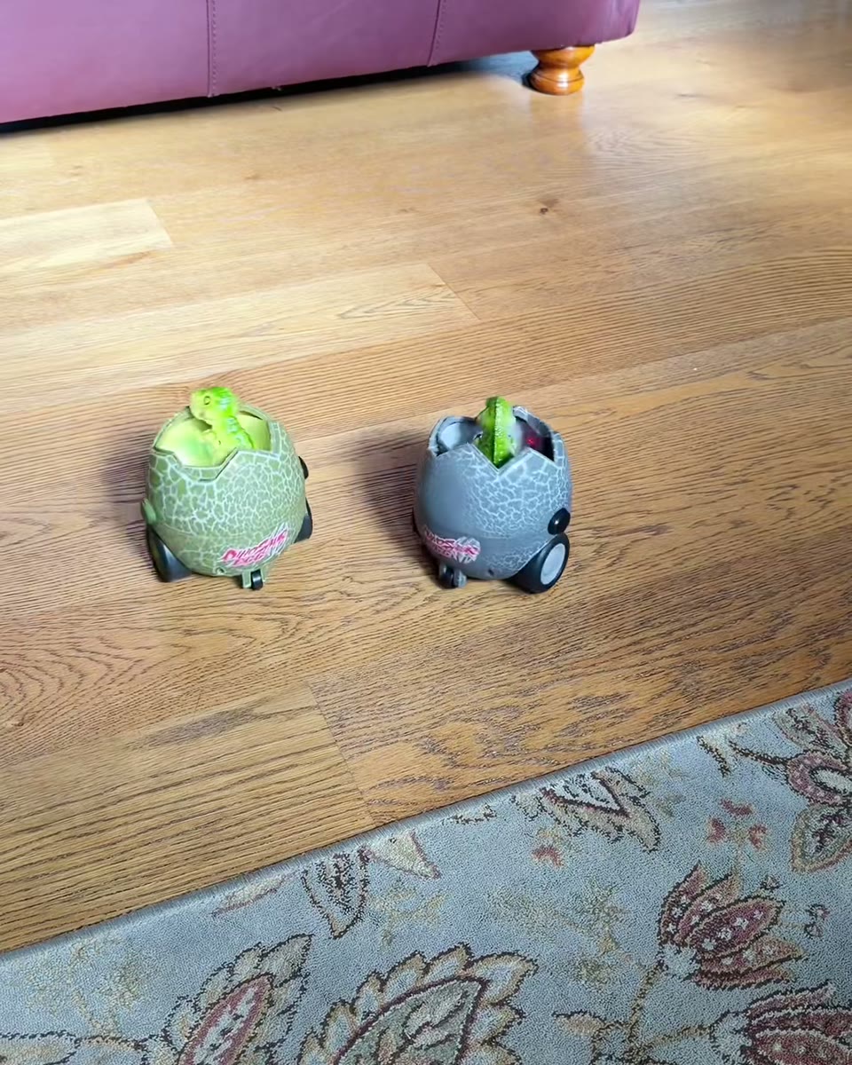 Two dinosaur battle eggs lined up for a head-to-head round