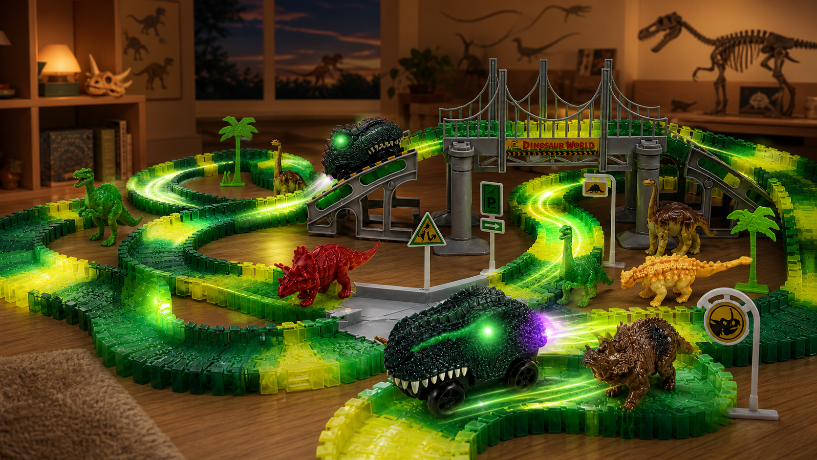 Glow dinosaur race track with two light-up cars, bridge and dinosaur figures