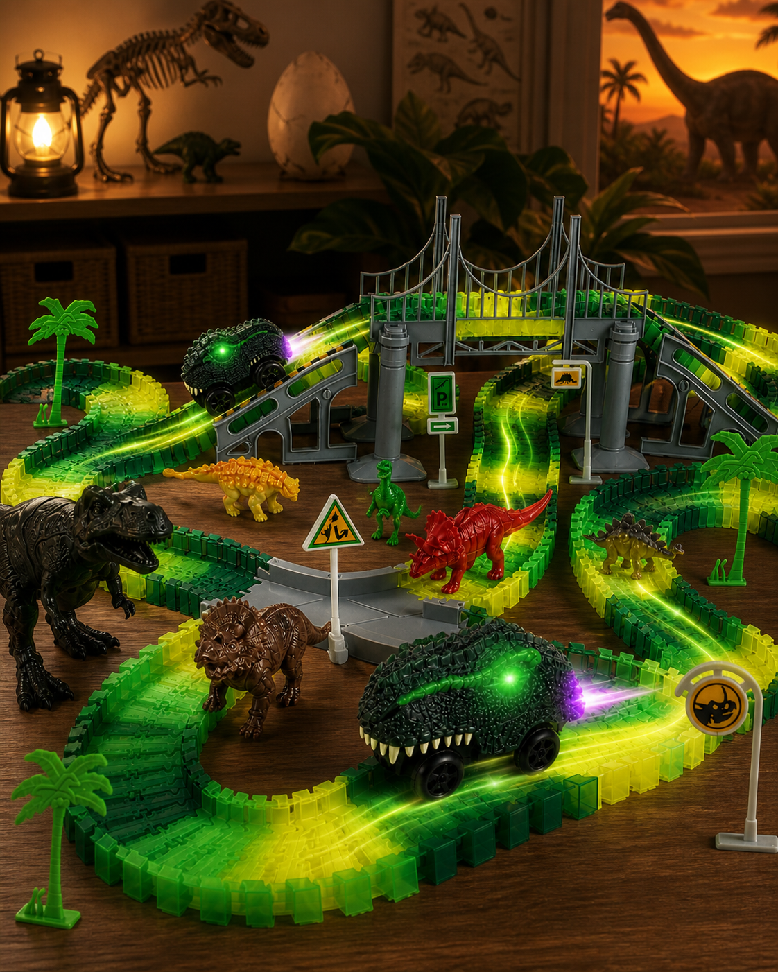 Glow dinosaur race track with two light-up cars, bridge and dinosaur figures