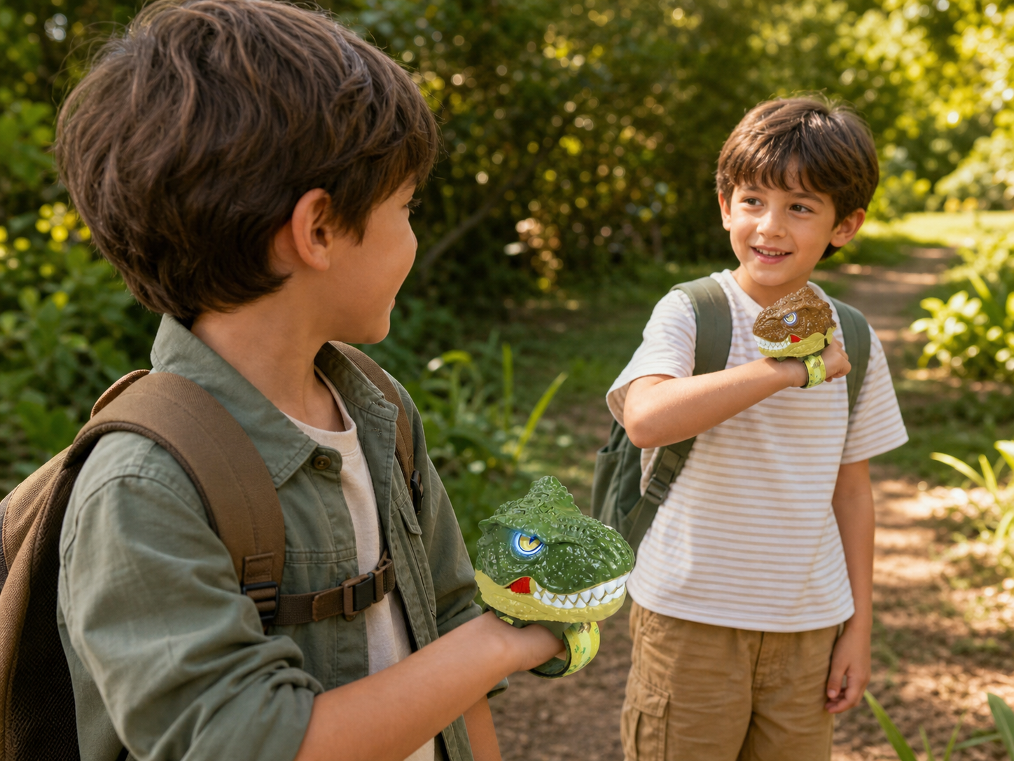 Two children using the green and brown VVINCA dinosaur wrist walkie-talkies outdoors