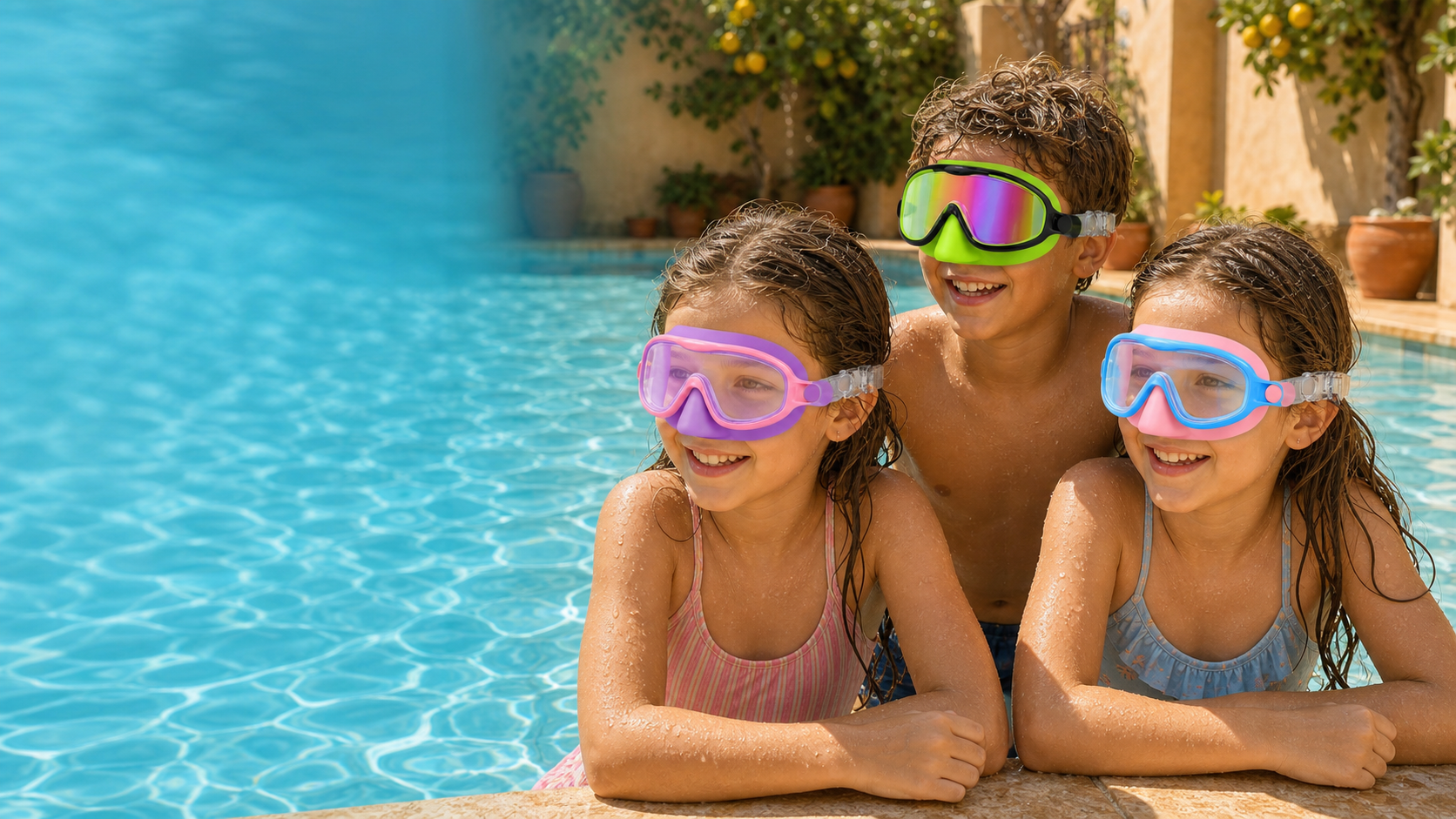 Children wearing colorful Vvinca nose-cover goggles by a swimming pool