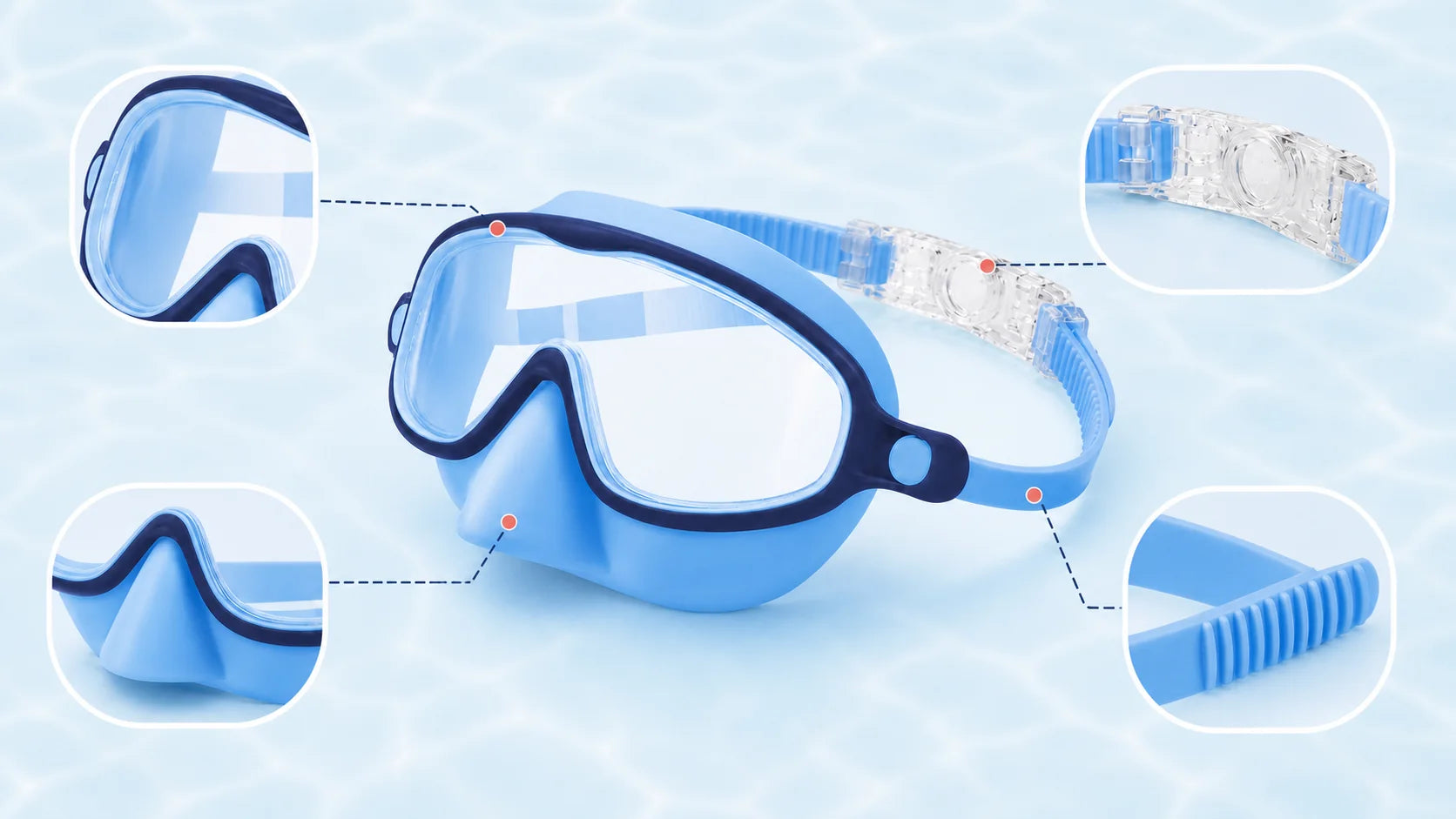 VVinca nose-cover goggles with close-up views of the wide lens, click-behind buckle, soft nose seal, and adjustable strap